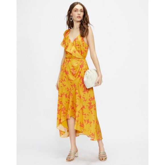 Ted Baker NWT Yellow Pink Saraaa Ruffle Midi Wrap Dress Size XS